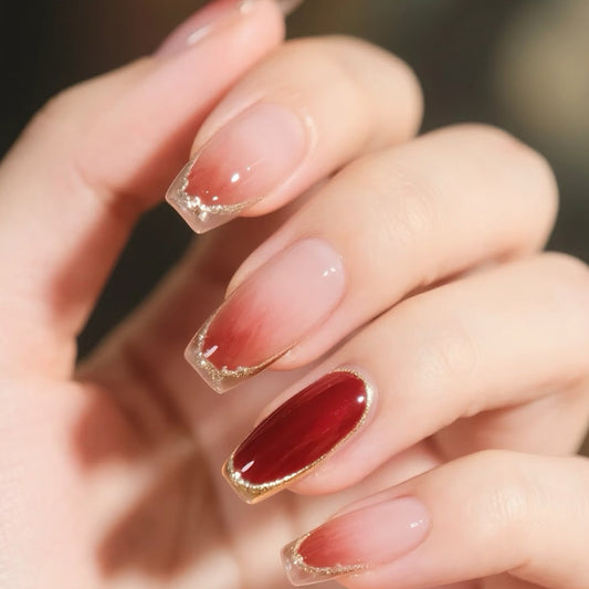 Enchanting Elegance Long Coffin Transparent Ombre with Radiant Gold Accent Press-On Nail Set