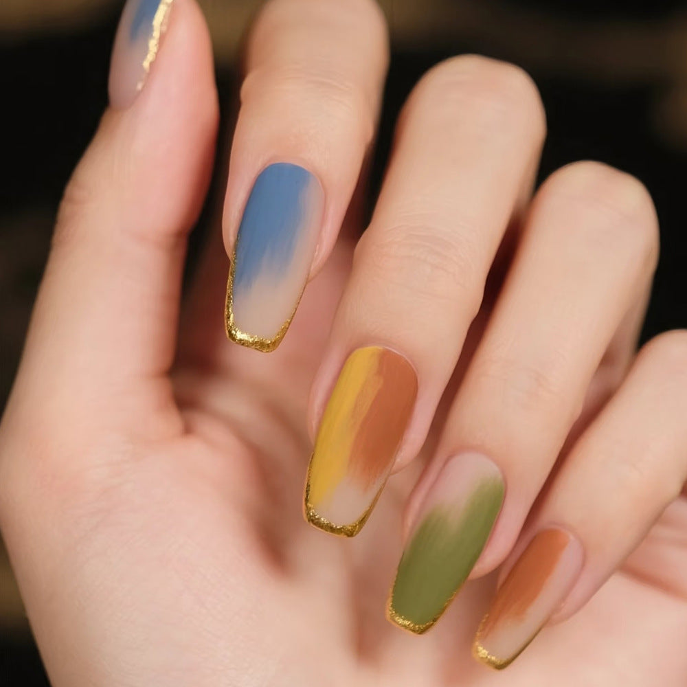 Whimsical Artistry Long Coffin Matte Ombre Multicolor Press On Nail Set with Gold Tip Accents