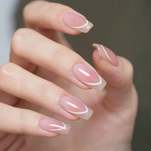 Glamorous Elegance Long Square Pink Transparent with Shimmering French Tips Nail Set