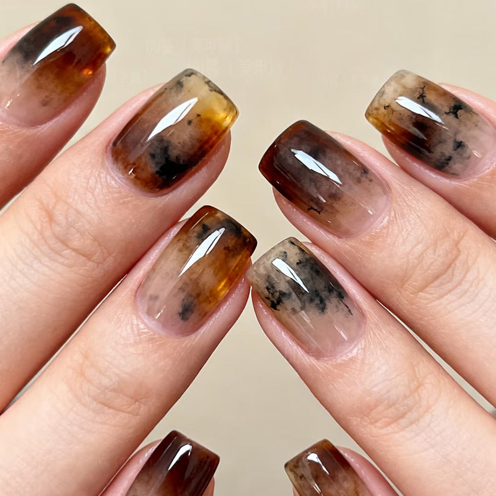 Autumn Aura Medium Square Brown Transparent Ombre Press On Nail Set with Unique Marble Finish