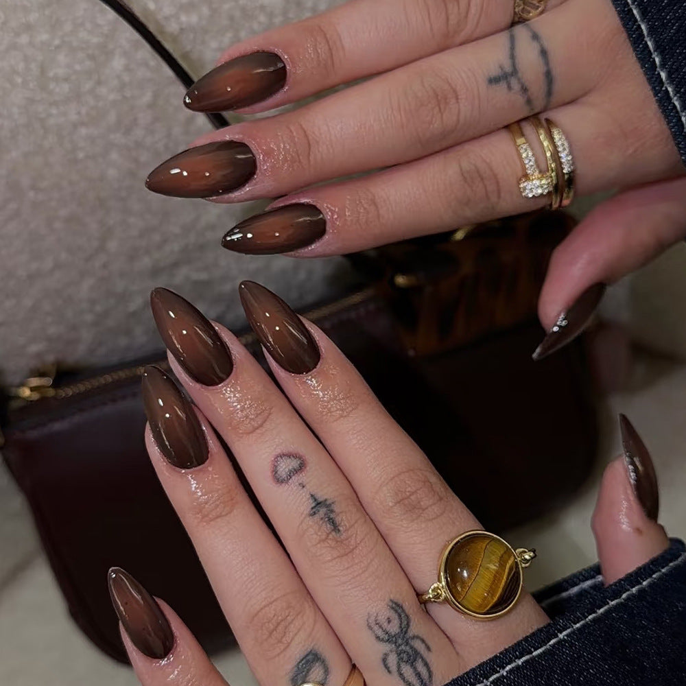 Chic Elegance Long Almond Brown Press On Nails with Glossy Finish