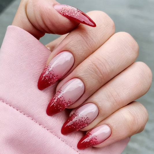 Glamorous Enchantment Long Almond Red Ombre Press On Nail Set with Sparkling Glitter Finish