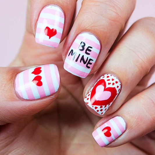 Romantic Garden Short Square Pink Press On Nail Set with Heart Patterns and Glossy Finish