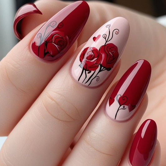 Romantic Floral Press on Nail Set Long Almond Shaped Deep Red with Elegant Rose Design