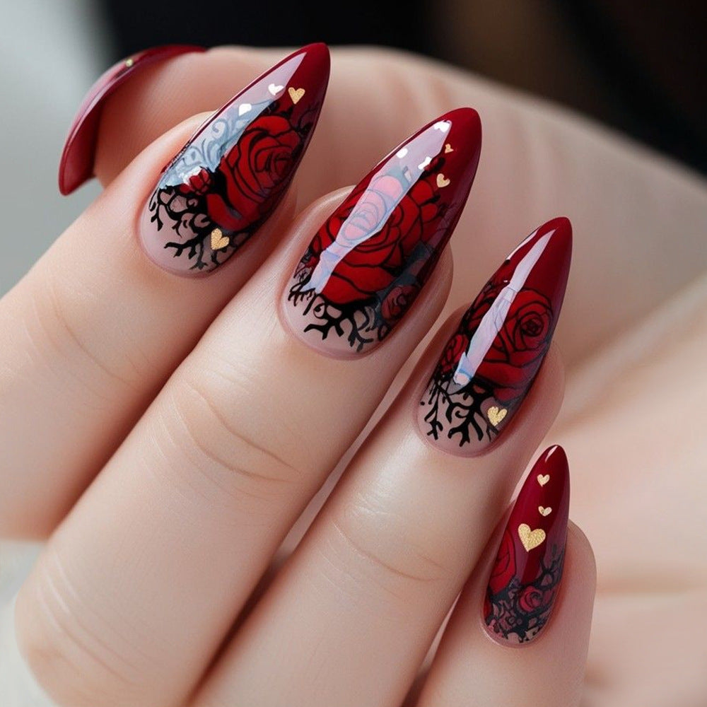 Enchanted Romance Long Almond Red Press On Nail Set with Elegant Floral Design