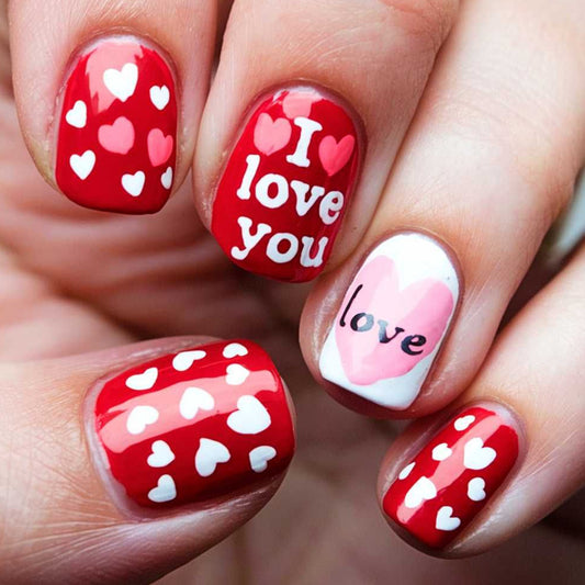 Love in Every Detail Charming Short Squoval Red Nail Set with Heart Patterns and Romantic Quotes