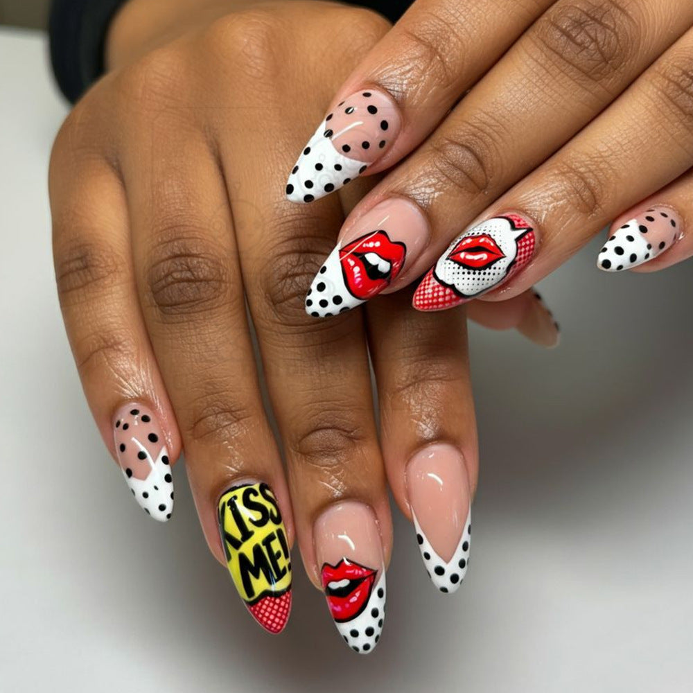 Chic Kiss Inspired Long Almond Shaped Long White and Black Polka Dot Press On Nail Set with Bold Lip Art