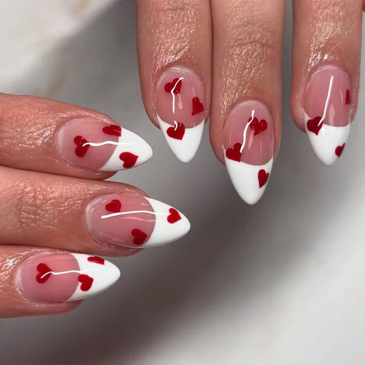 Love-Inspired Medium Almond White and Red Heart Design Press-On Nail Set