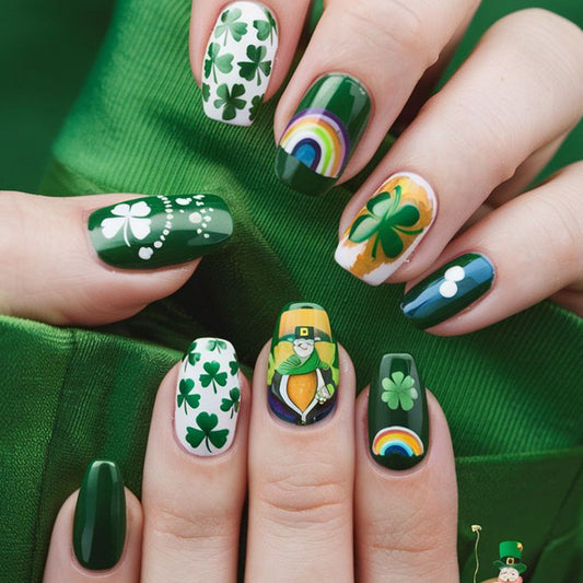 Luck of the Irish Short Square Deep Green Nail Set with Shamrock and Rainbow Designs