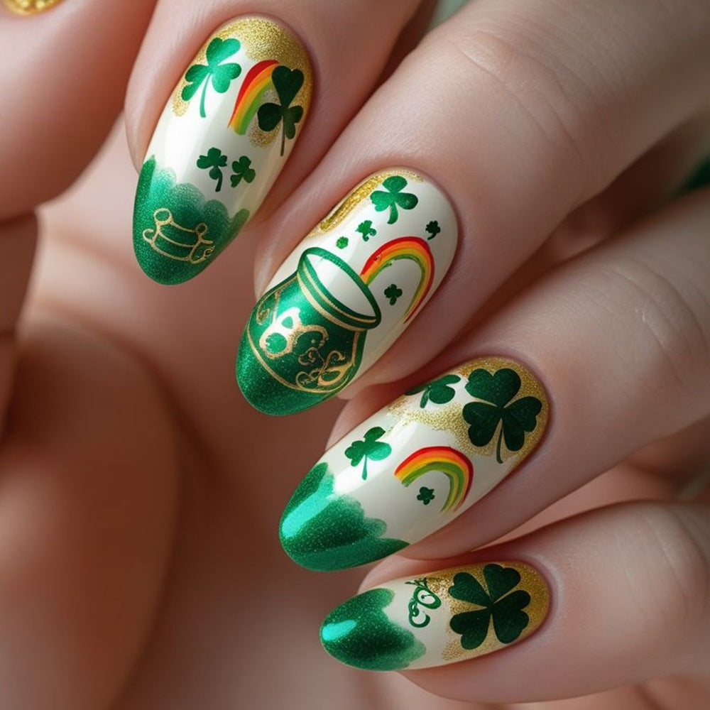 Lucky Charm Long Oval Green Press On Nail Set with Shamrock Designs and Glitter Finish