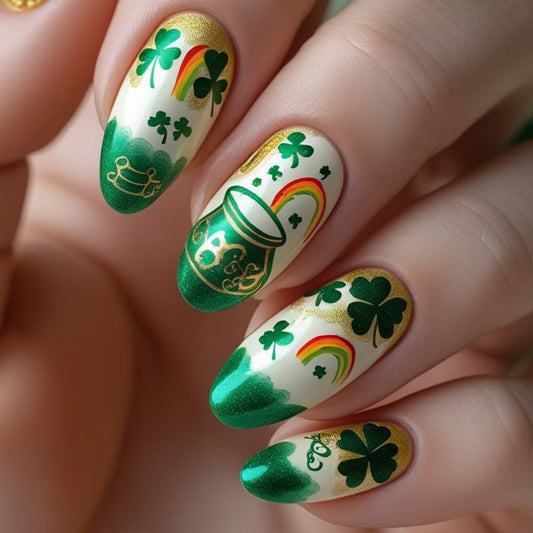 Lucky Charm Long Oval Green Press On Nail Set with Shamrock Designs and Glitter Finish