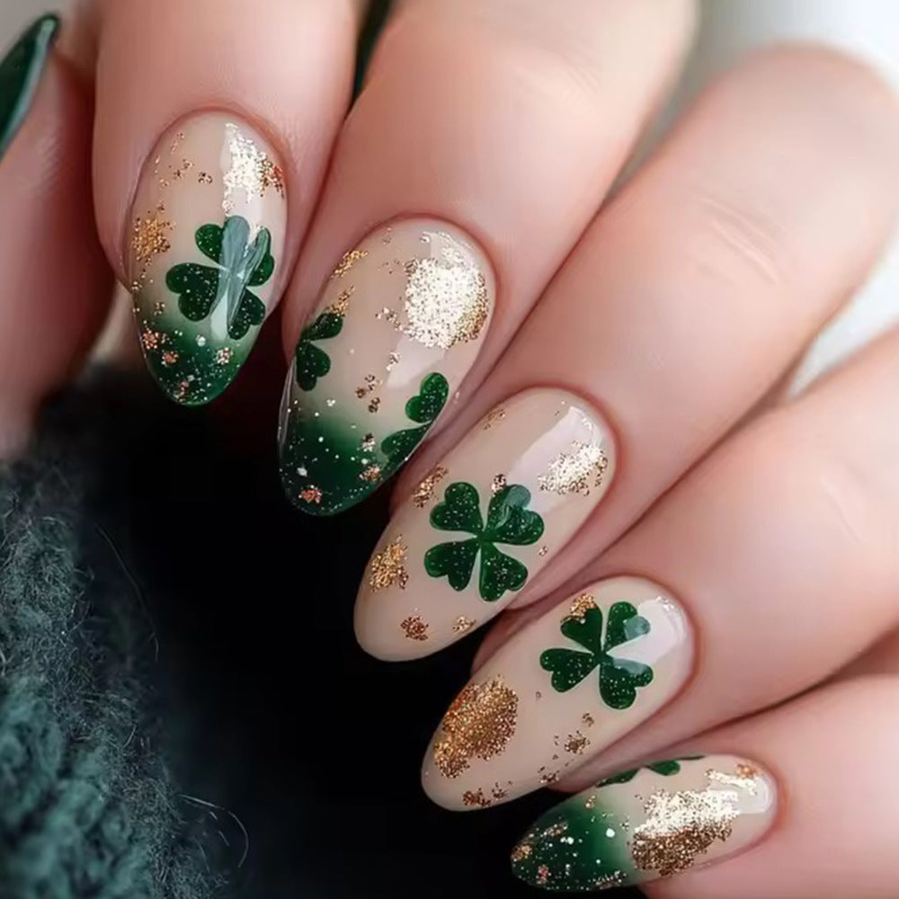 Lucky Clover Green Long Almond Press-On Nail Set with Glitter Gradient Shine