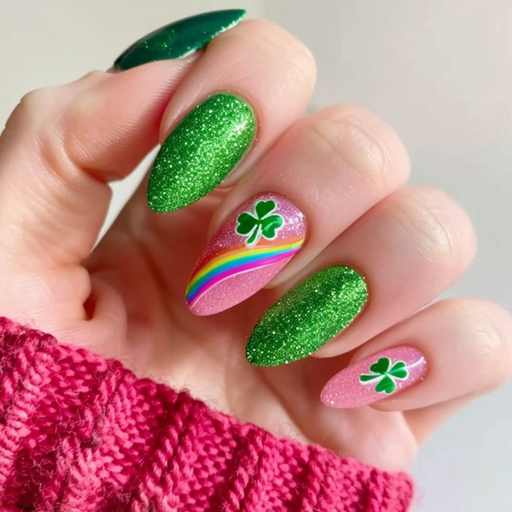 St. Patrick's Day Glamour Long Almond Green Glitter with Rainbow and Shamrock Accent Press On Nail Set