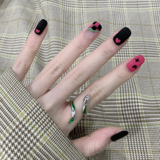 Gothic Charm Short Square Black and Pink Dual Tone with Artistic Heart and Star Designs Press Nail Set