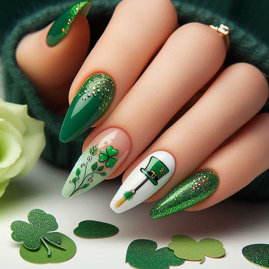 Emerald Enchantment Long Stiletto Green Glamour with Sparkling Accents and Playful Clover Designs