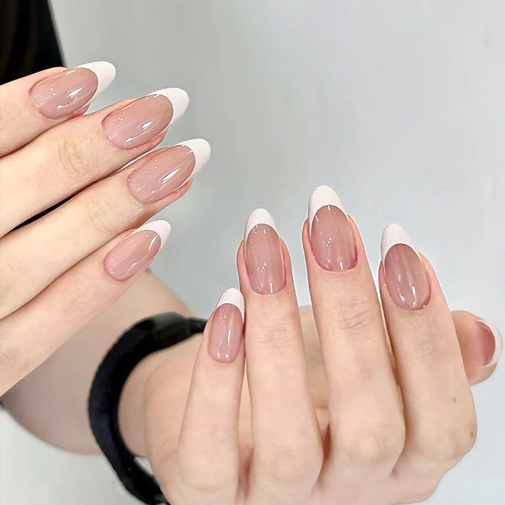 Elegant Whisper Long Almond Pink and White Glossy French Tip Nail Set