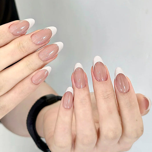Elegant Whisper Long Almond Pink and White Glossy French Tip Nail Set