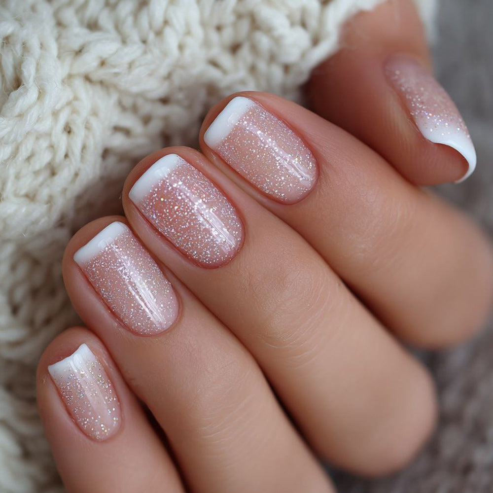 Sparkling Winter Wonderland Short Square Beige Nail Set with Iridescent Glitter