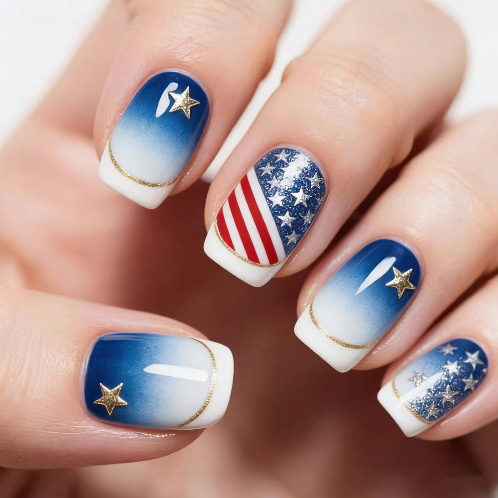 Patriotic Elegance Short Square Blue Ombre with Gold Accents and American Flag Design Press On Nail Set