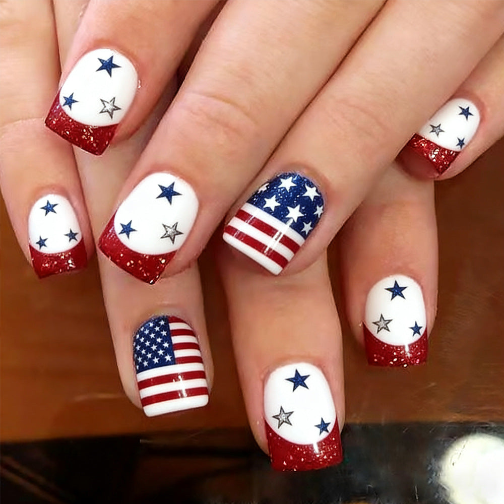 Patriotic Glory Short Square Medium Red White and Blue Star Spangled Glitter Press On Nail Set