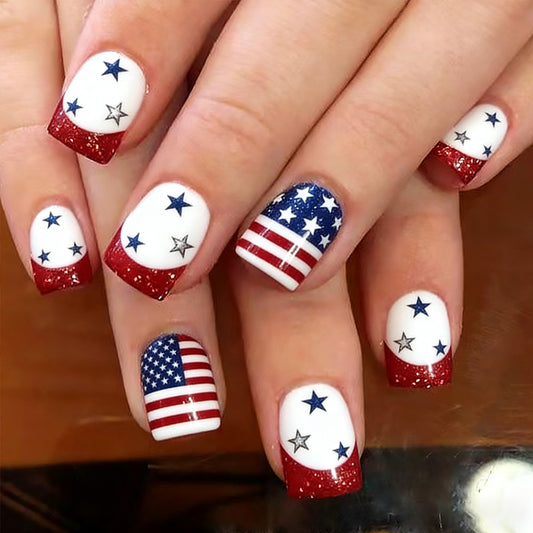 Patriotic Glory Short Square Medium Red White and Blue Star Spangled Glitter Press On Nail Set