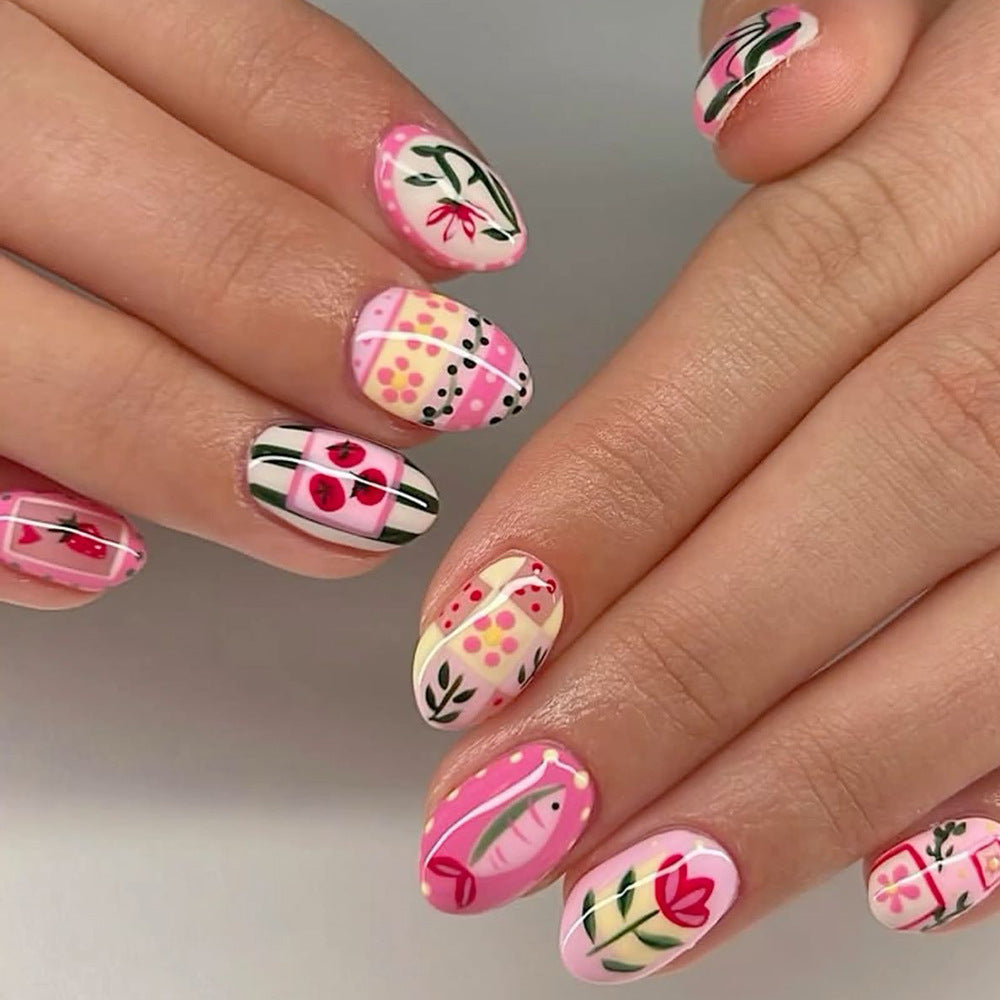 Charming Floral Medium Almond Pink Nail Set with Vibrant Artistic Designs