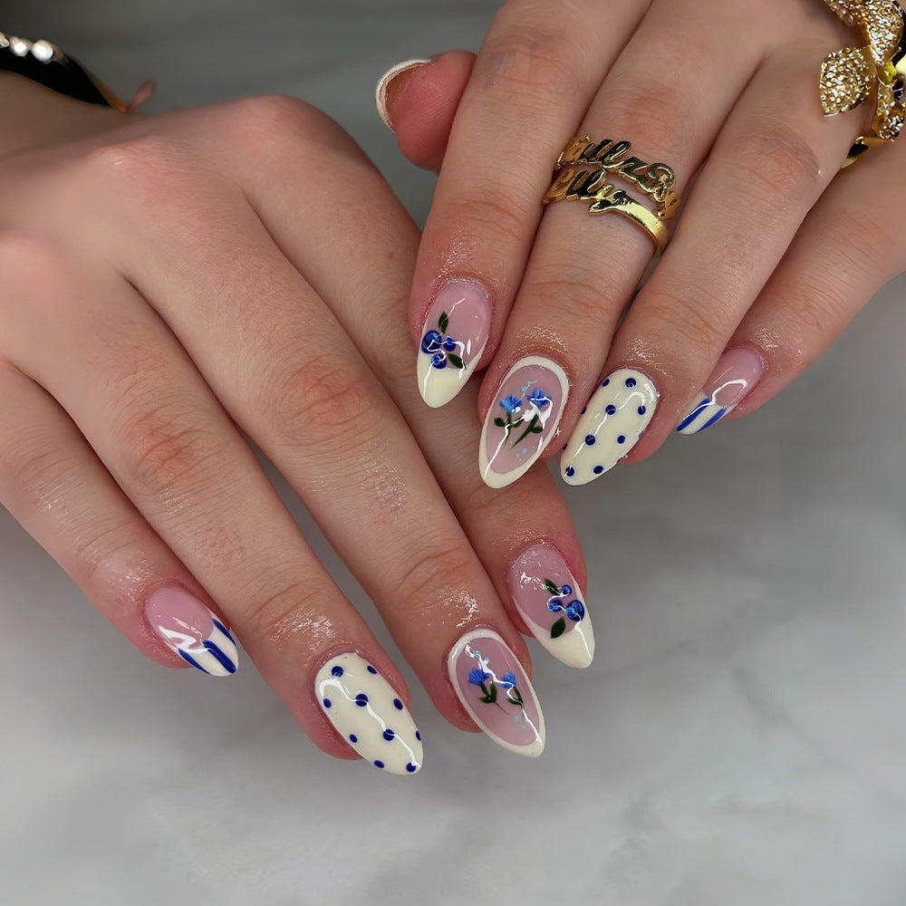 Floral Fantasy Medium Almond White and Blue Press-On Nail Set with Elegant Flower Accents