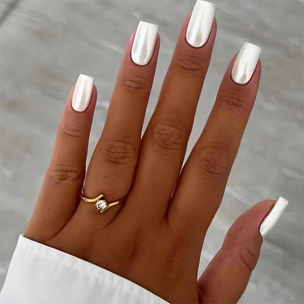 Elegant Glamour Long Square White Glossy Press On Nail Set With Unique Textured Finish