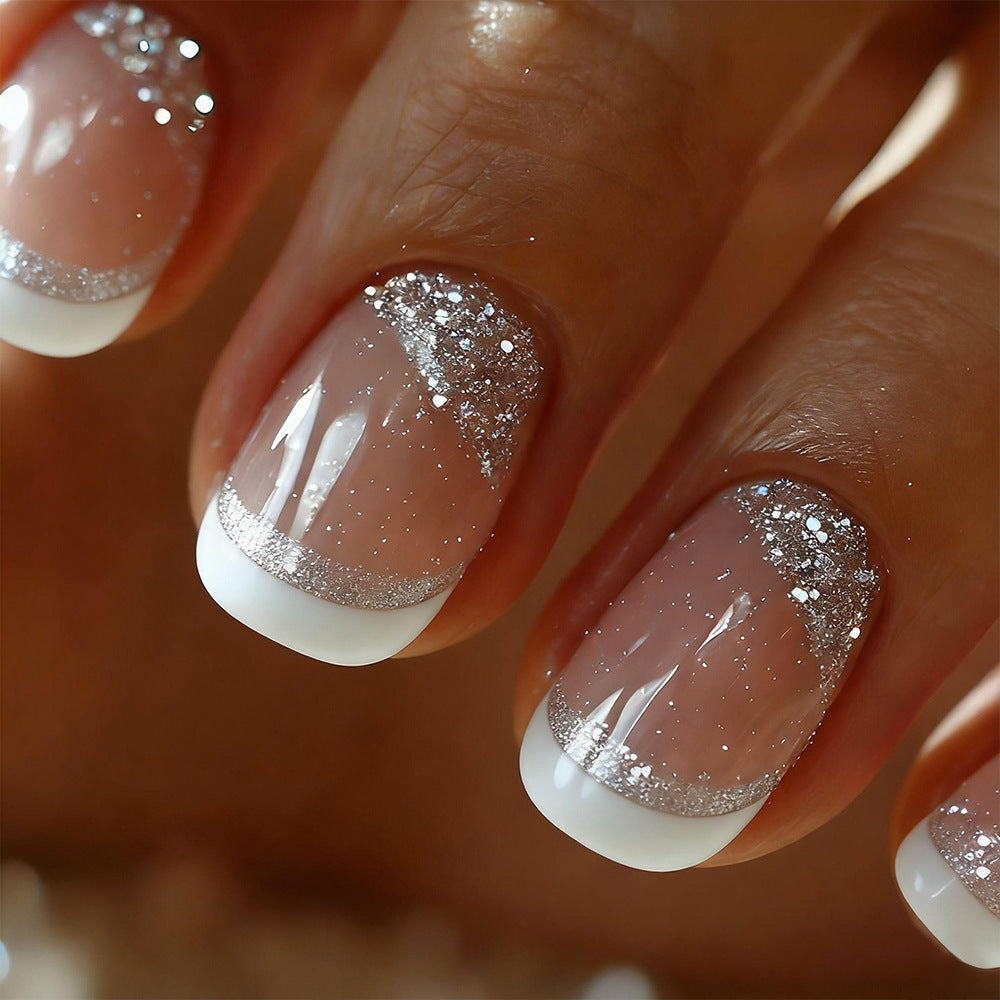 Glittering Elegance Short Round White and Silver Glitter Accent Press On Nail Set