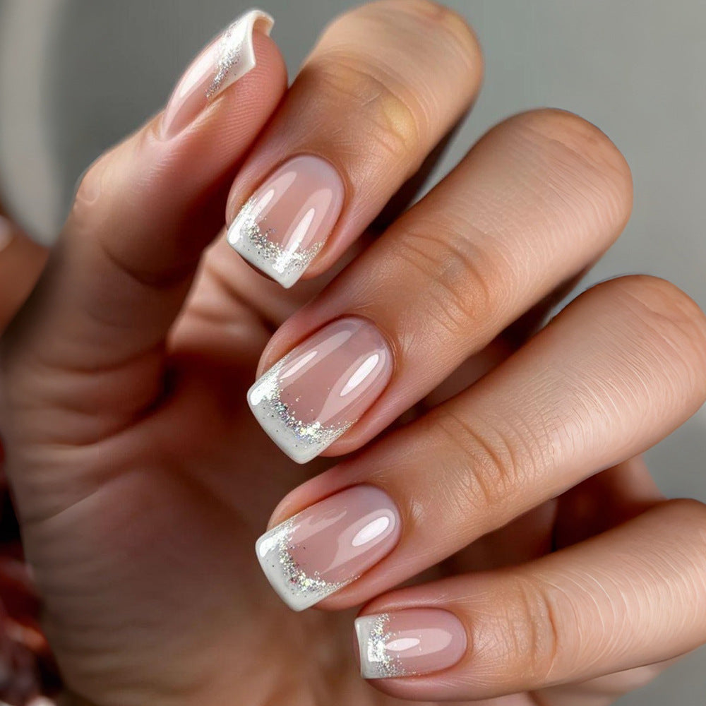Elegant Dream Short Square White Glitter Tip Press On Nail Set
