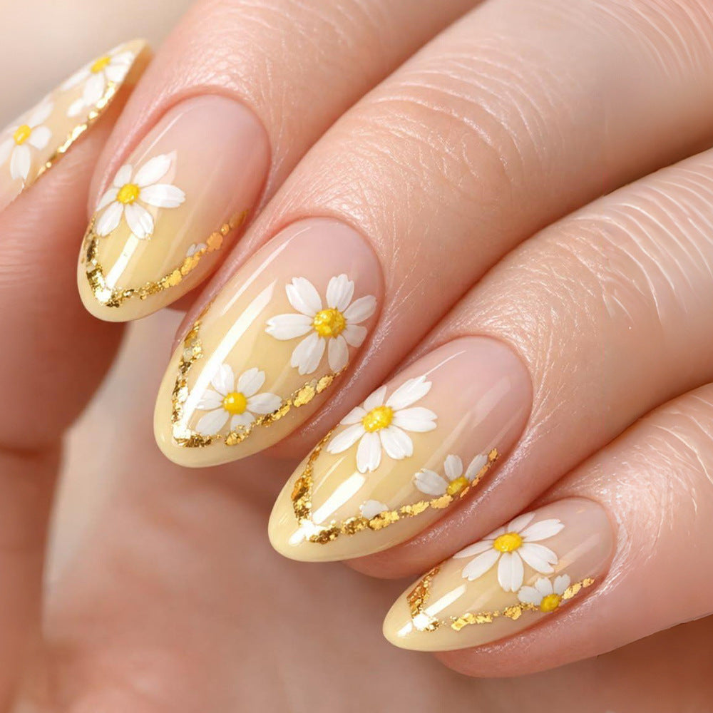 Daisy Dream Medium Almond Yellow with Floral Design and Gold Accents Press on Nail Set