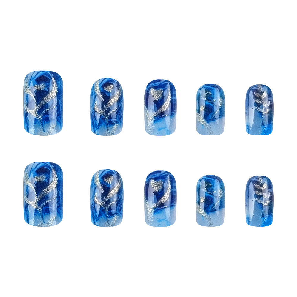 Aquatic Dream Short Square Blue Watercolor Glitter Press On Nail Set