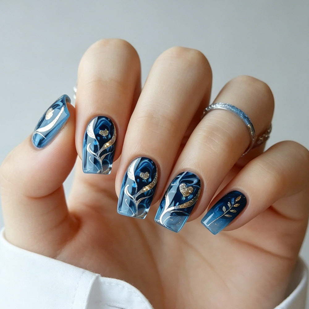 Elegant Oceanic Dreams Short Square Blue with Floral Designs Press on Nail Set