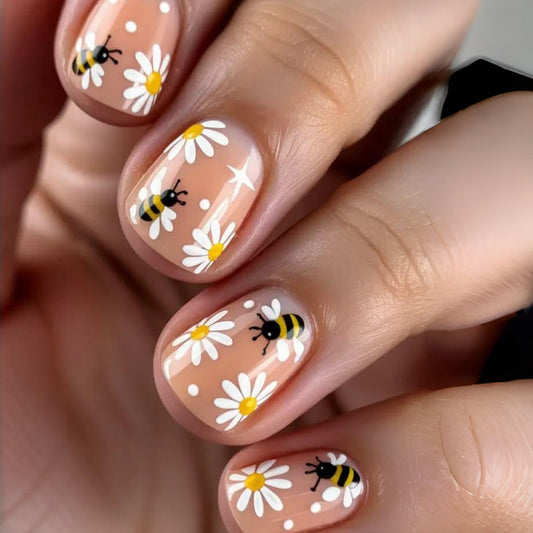 Bee Inspired Short Square Beige Flower Press On Nail Set with Charming Bee Design