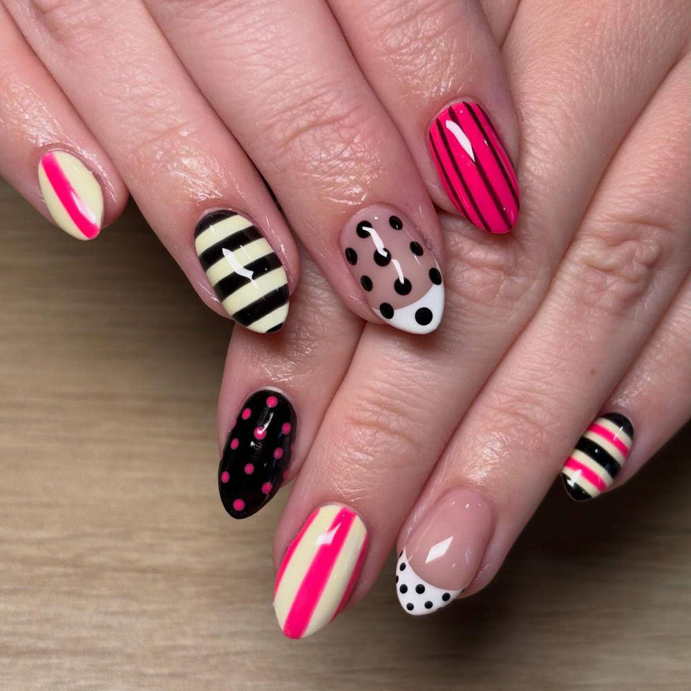 Vibrant Stripes Medium Almond Pink and Black Pattern Press on Nail Set