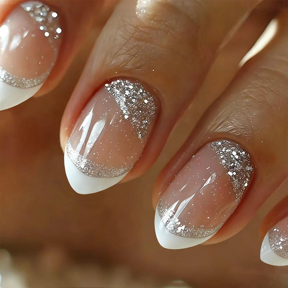 Chic Silver Sparkle Long Coffin Natural Pink Press-On Nail Set