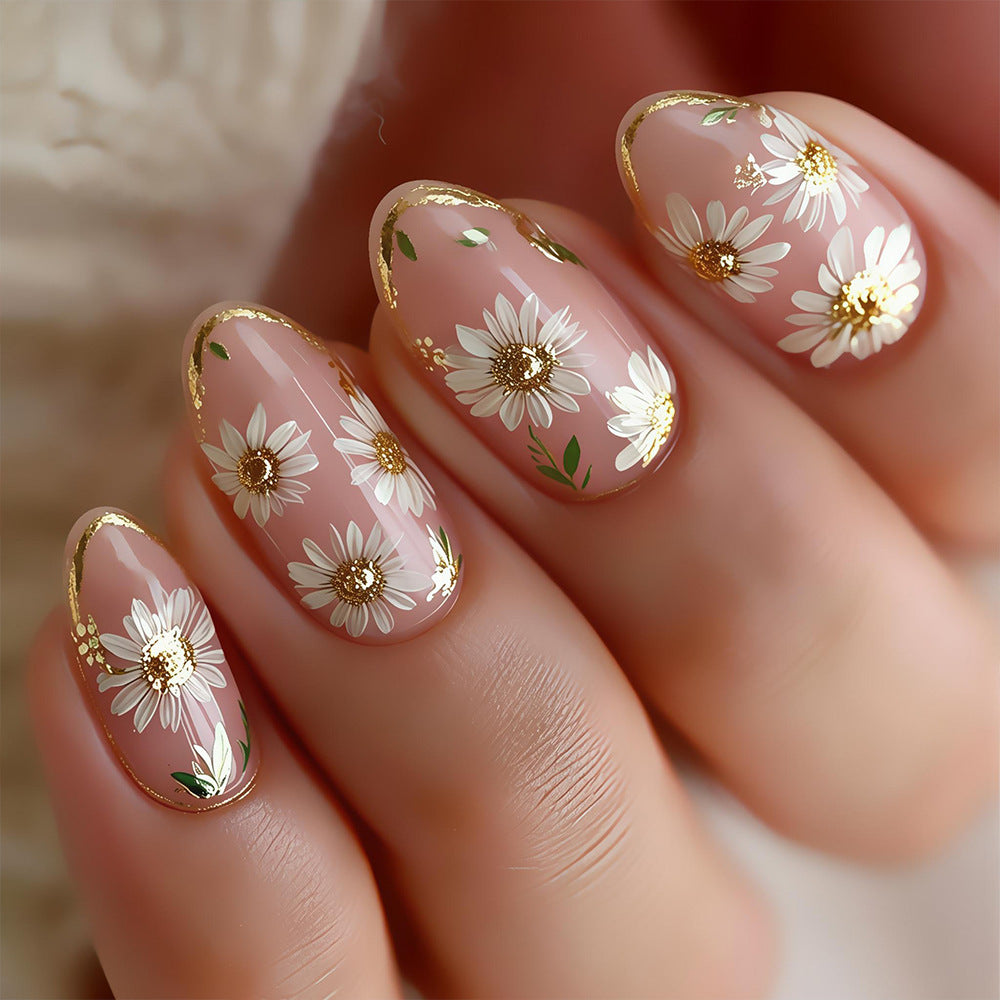 Floral Elegance Medium Almond Soft Pastel with Gold Accents Press On Nail Set