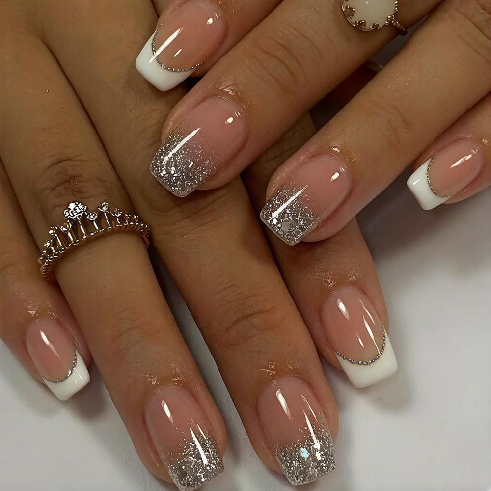 Elegant Glamour Medium Square White with Glitter Ombre Press On Nail Set