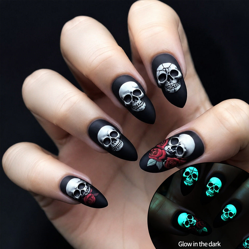 Gothic Glamour Medium Almond Black Glow in the Dark Nail Set
