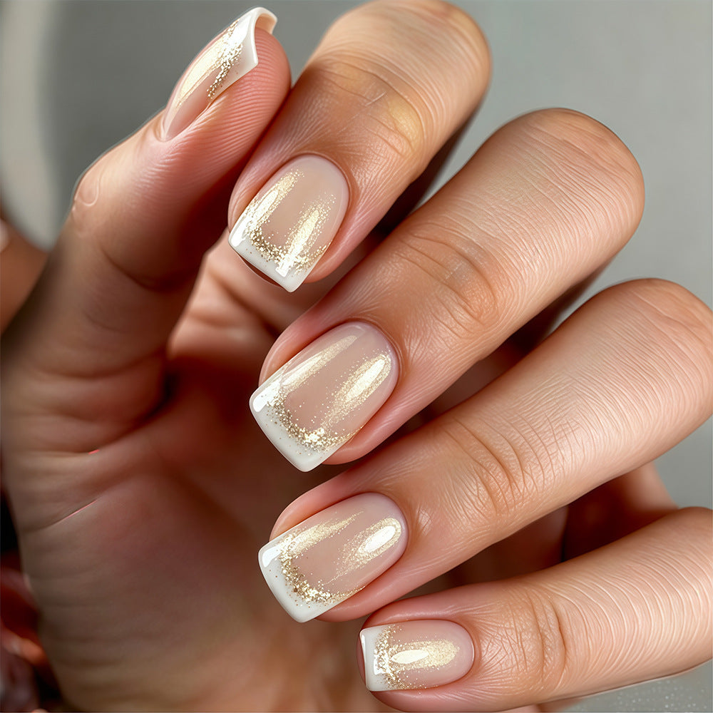 Glamorous Elegance Short Square Beige with Shimmery Glitter Tips Press on Nail Set