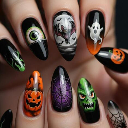 Spooky Vibes Medium Almond Black Halloween Themed Press On Nail Set