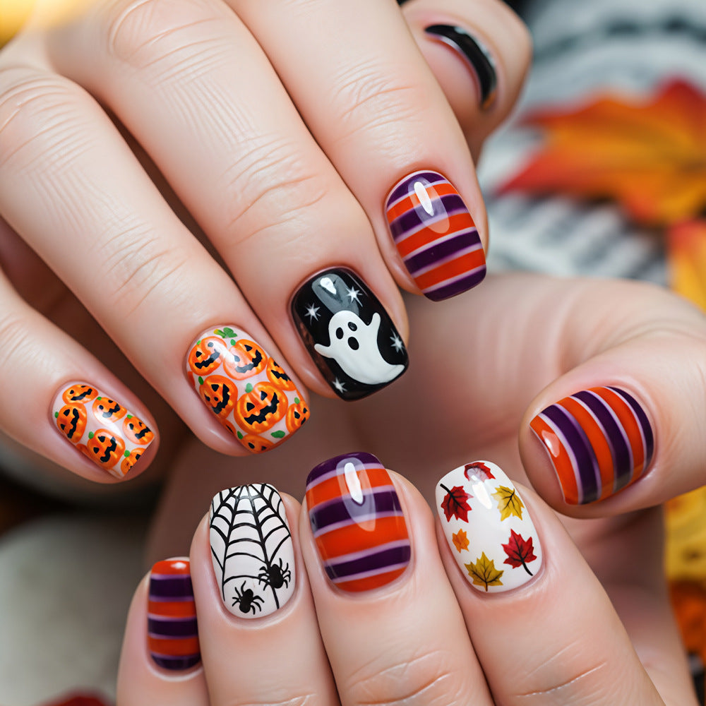 Spooktacular Short Square Orange and Black Press on Nail Set with Halloween Patterns