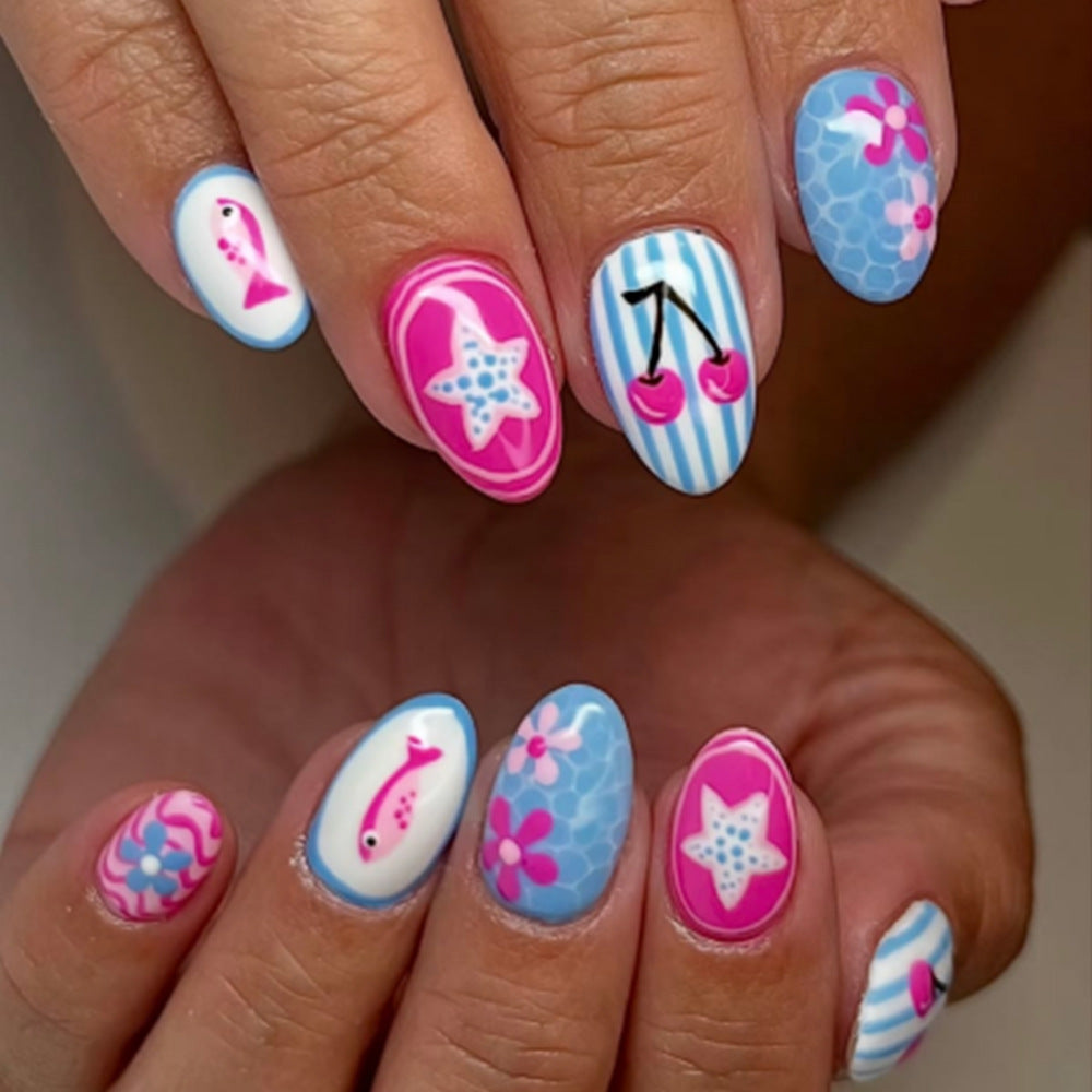 Ocean Breeze Medium Oval Blue with Whimsical Underwater Designs Press On Nail Set