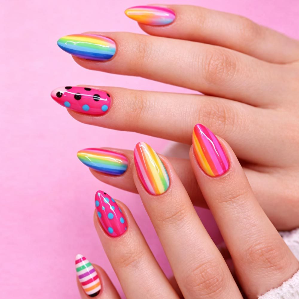Vibrant Rainbow Medium Almond Colorful Art Press On Nail Set