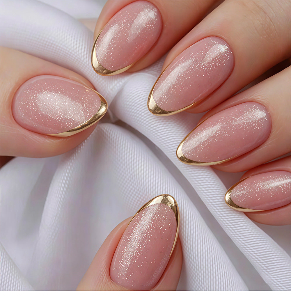 Glamorous Elegance Short Almond Blush Pink with Shimmering Gold Tips Press On Nail Set