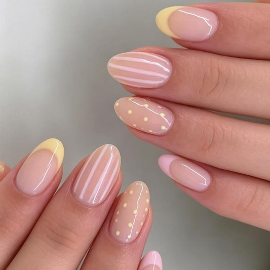Charming Spring Vibes Short Almond Pink and Yellow Patterned Press on Nail Set