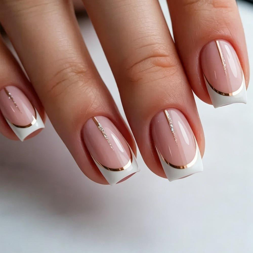 Elegant Dreams Short Square Soft Pink with Gold Accent Press on Nail Set