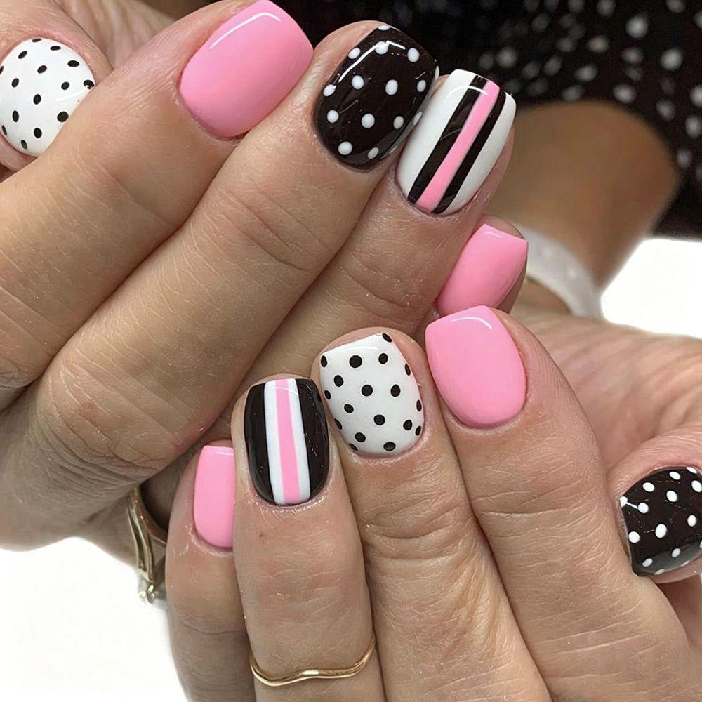 Charming Dessert Themed Short Square Pink and Brown Press on Nail Set with Fun Polka Dot and Striped Design