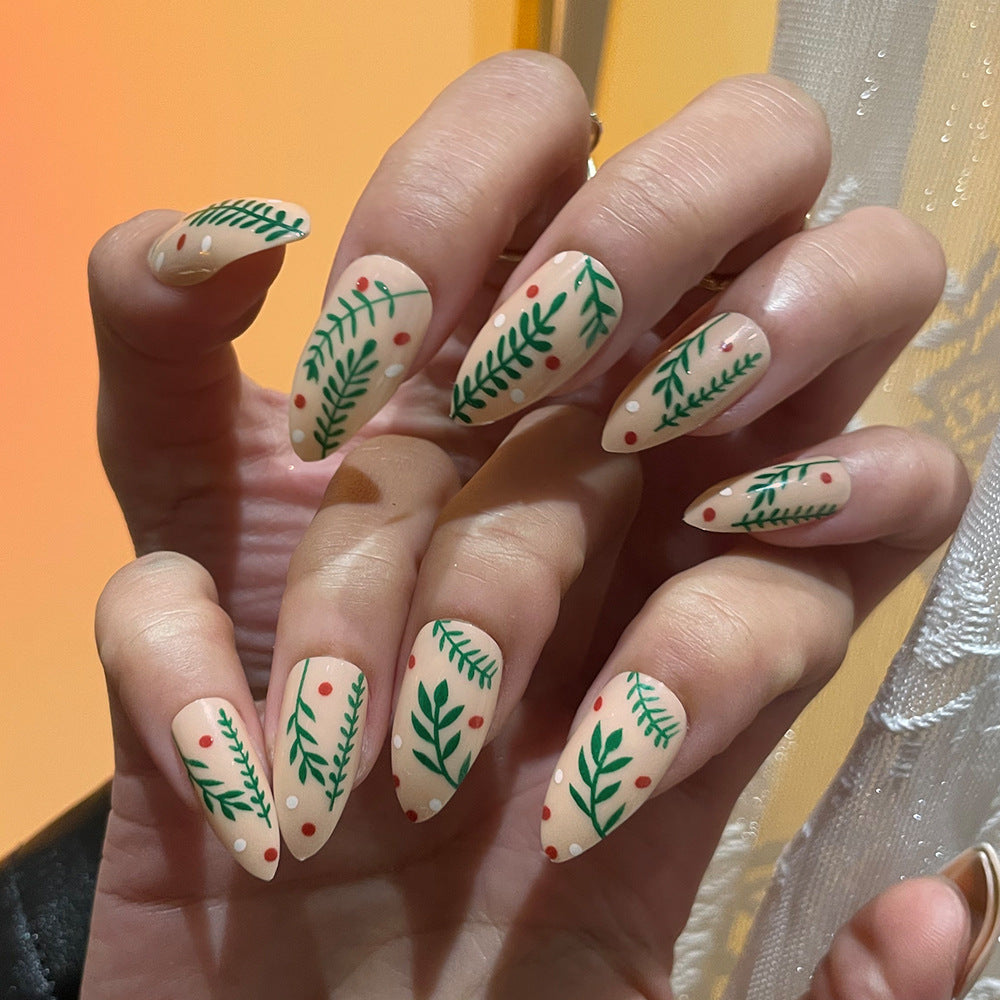 Botanical Bliss Extra Long Almond Beige Greenery Press On Nail Set with Festive Red Dots