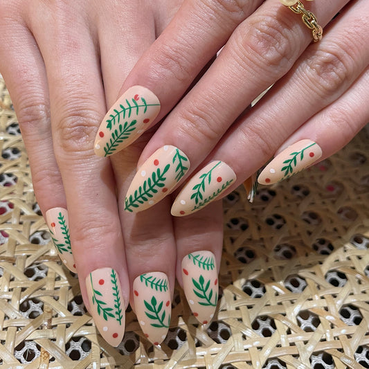 Botanical Bliss Almond Shaped Matte Beige Press On Long Nail Set with Green Foliage and Red Accents